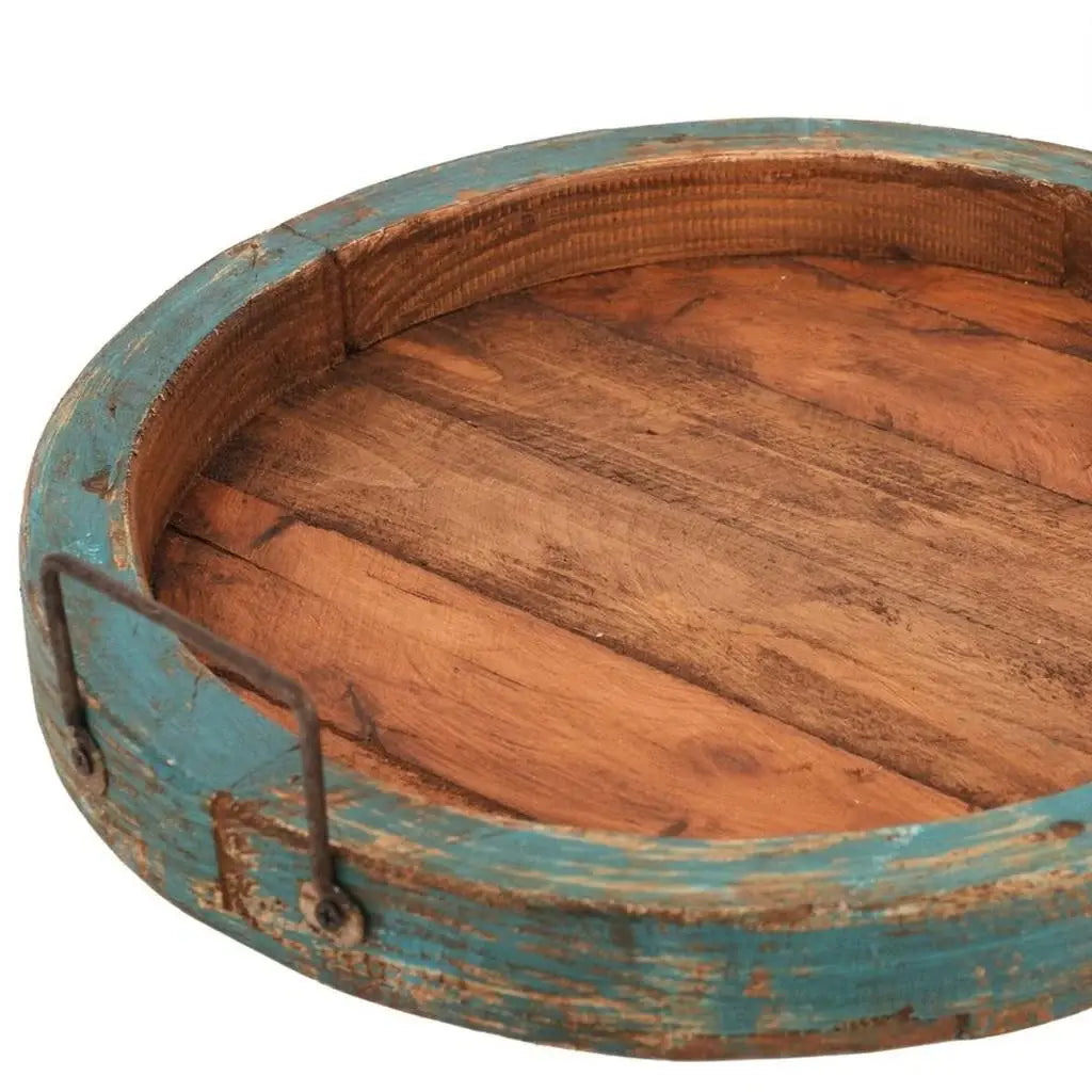 15" Natural And Turquoise Solid Wood Handmade Round Serving Tray With Handles - Homeroots - Flyclothing LLC