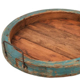 15" Natural And Turquoise Solid Wood Handmade Round Serving Tray With Handles - Homeroots - Flyclothing LLC