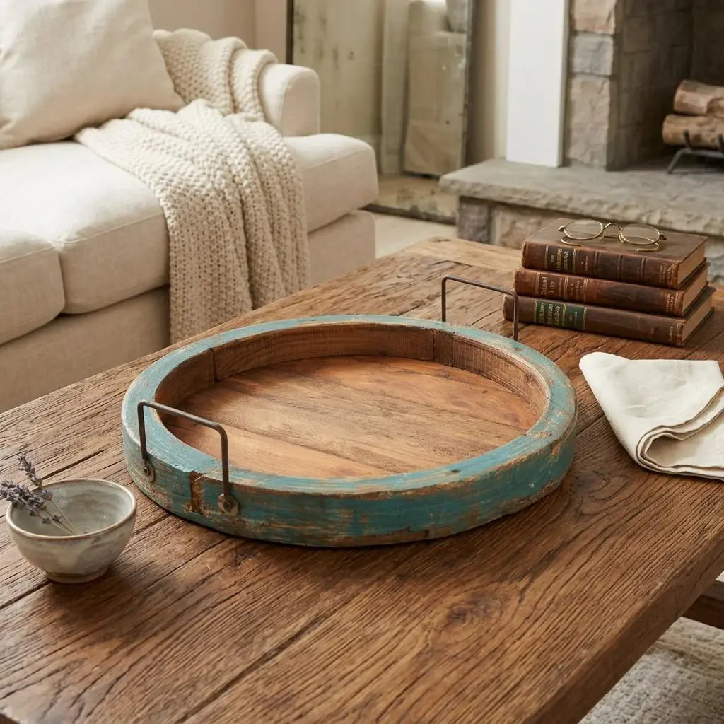 15" Natural And Turquoise Solid Wood Handmade Round Serving Tray With Handles - Homeroots - Flyclothing LLC