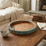 15" Natural And Turquoise Solid Wood Handmade Round Serving Tray With Handles - Homeroots - Flyclothing LLC