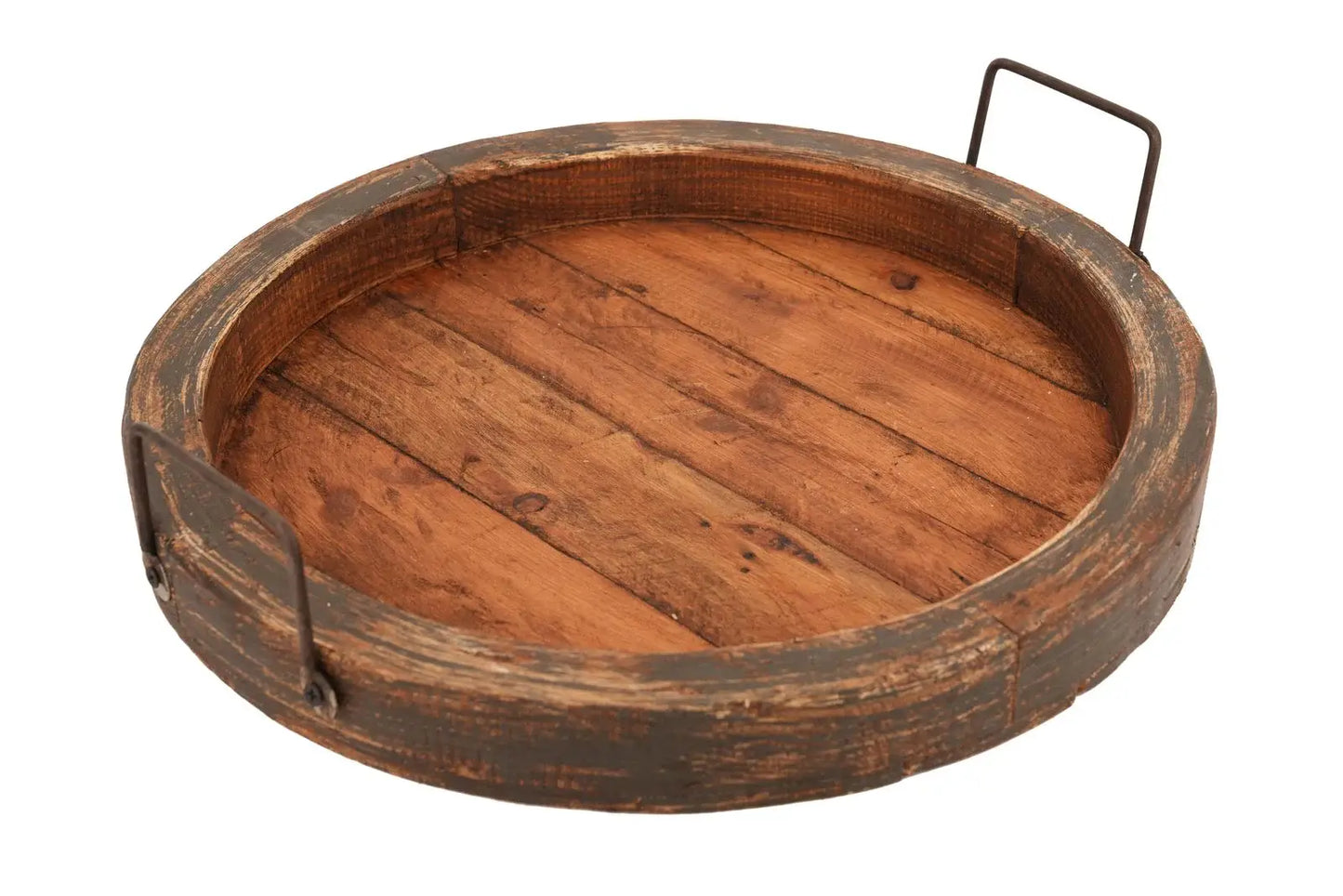 15" Gray And Natural Solid Wood Handmade Round Serving Tray With Handles - Homeroots - Flyclothing LLC