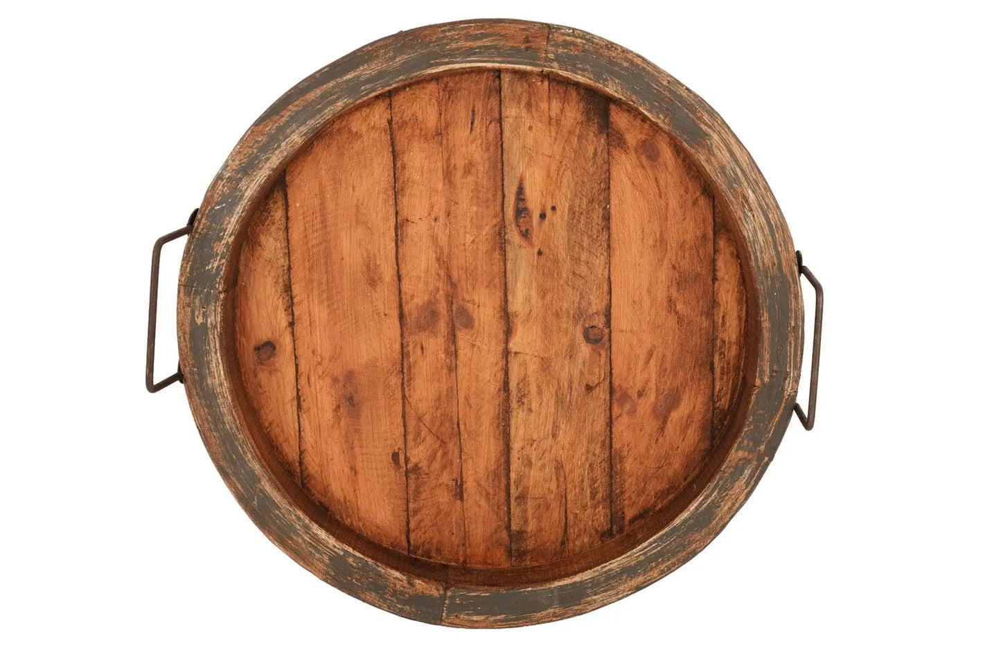 15" Gray And Natural Solid Wood Handmade Round Serving Tray With Handles - Homeroots - Flyclothing LLC
