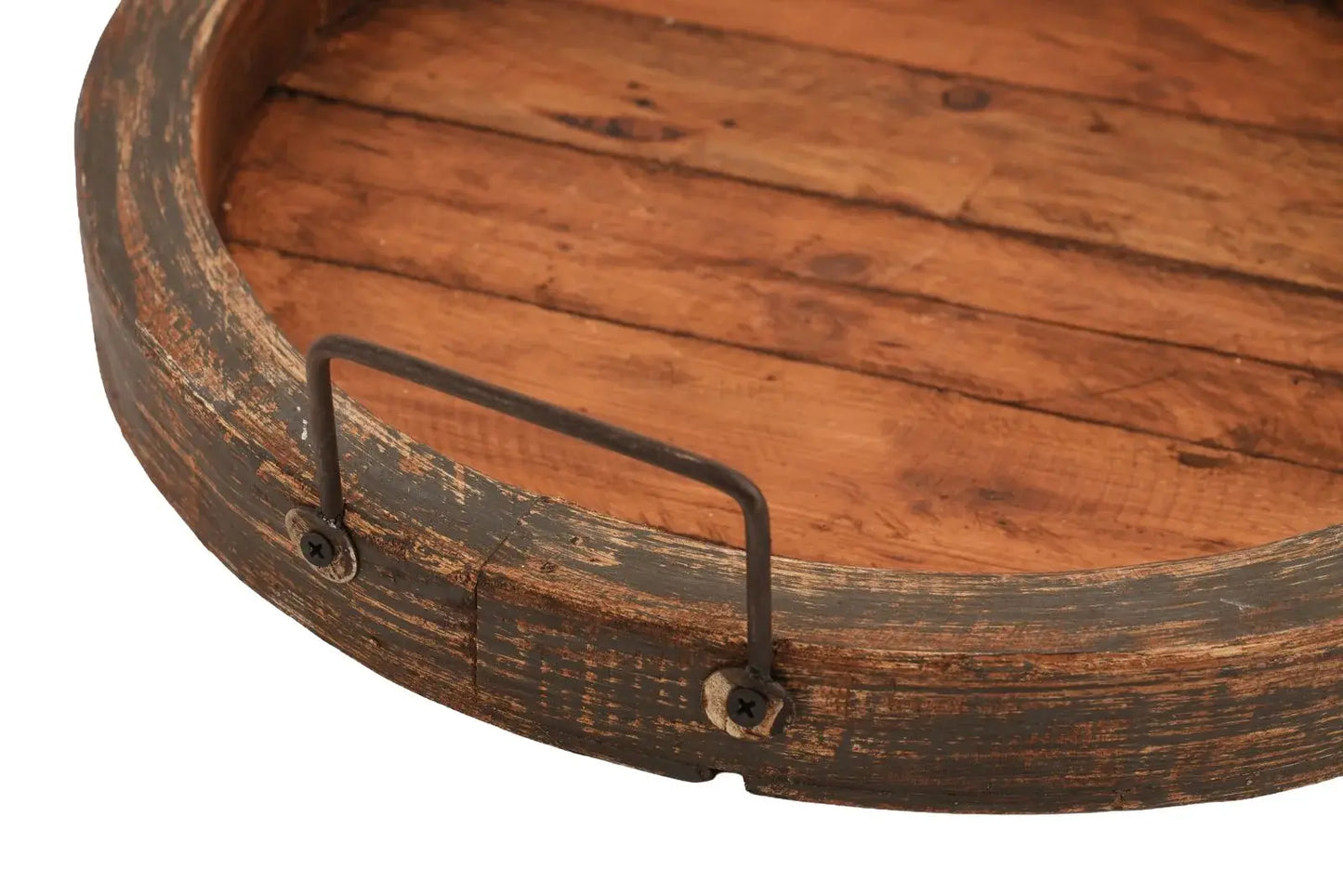 15" Gray And Natural Solid Wood Handmade Round Serving Tray With Handles - Homeroots - Flyclothing LLC