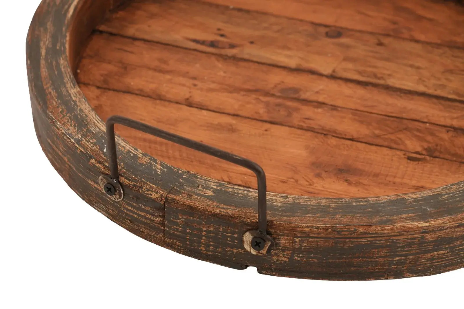 15" Gray And Natural Solid Wood Handmade Round Serving Tray With Handles - Homeroots - Flyclothing LLC