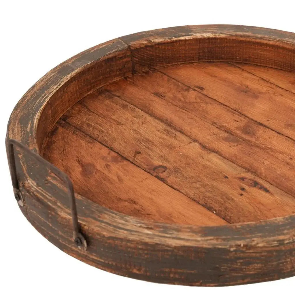 15" Gray And Natural Solid Wood Handmade Round Serving Tray With Handles - Homeroots - Flyclothing LLC