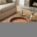 15" Gray And Natural Solid Wood Handmade Round Serving Tray With Handles - Homeroots - Flyclothing LLC