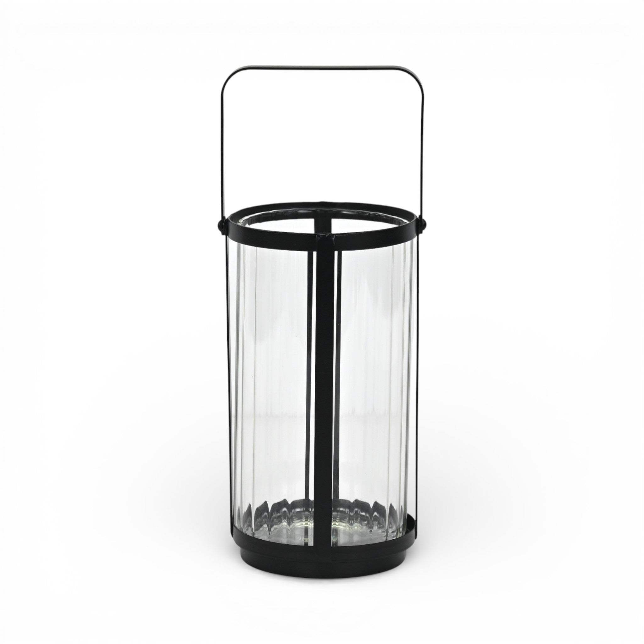 9" Clear And Black Glass And Metal Tabletop Lantern Candle Holder - HomeRoots - Flyclothing LLC