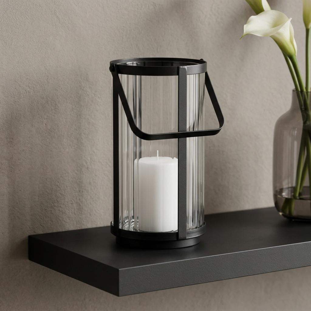 9" Clear And Black Glass And Metal Tabletop Lantern Candle Holder - HomeRoots - Flyclothing LLC