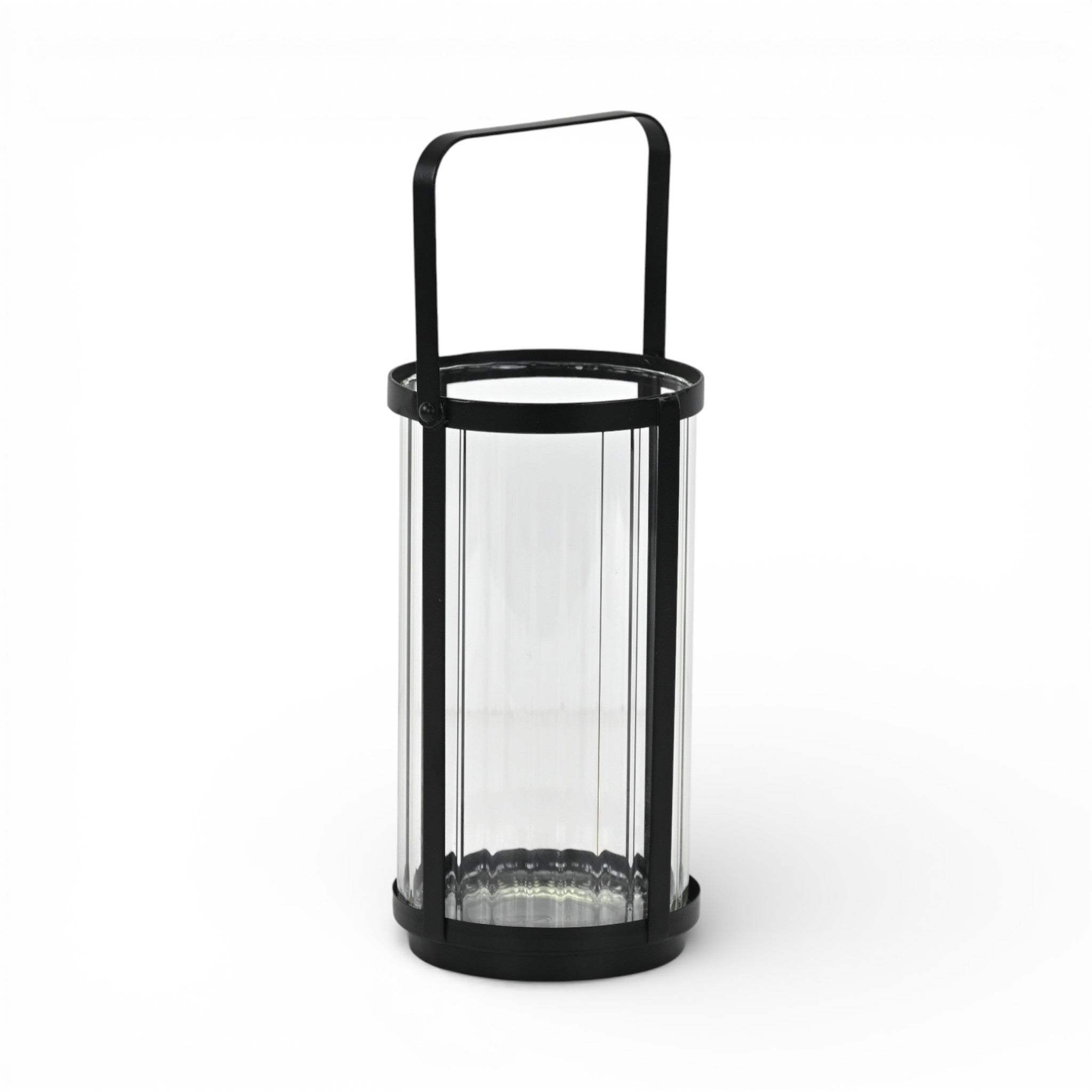 9" Clear And Black Glass And Metal Tabletop Lantern Candle Holder - HomeRoots - Flyclothing LLC