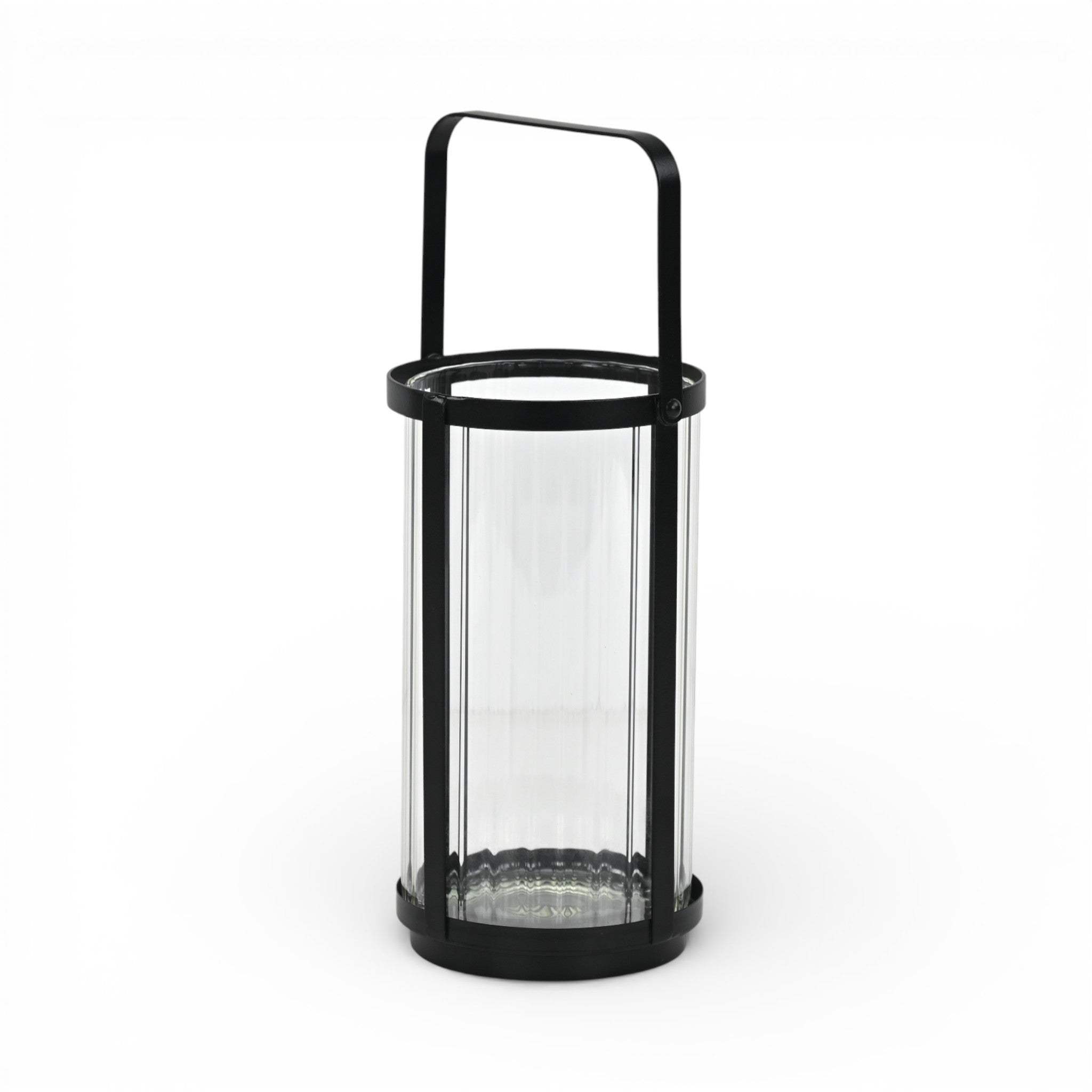 9" Clear And Black Glass And Metal Tabletop Lantern Candle Holder - HomeRoots - Flyclothing LLC