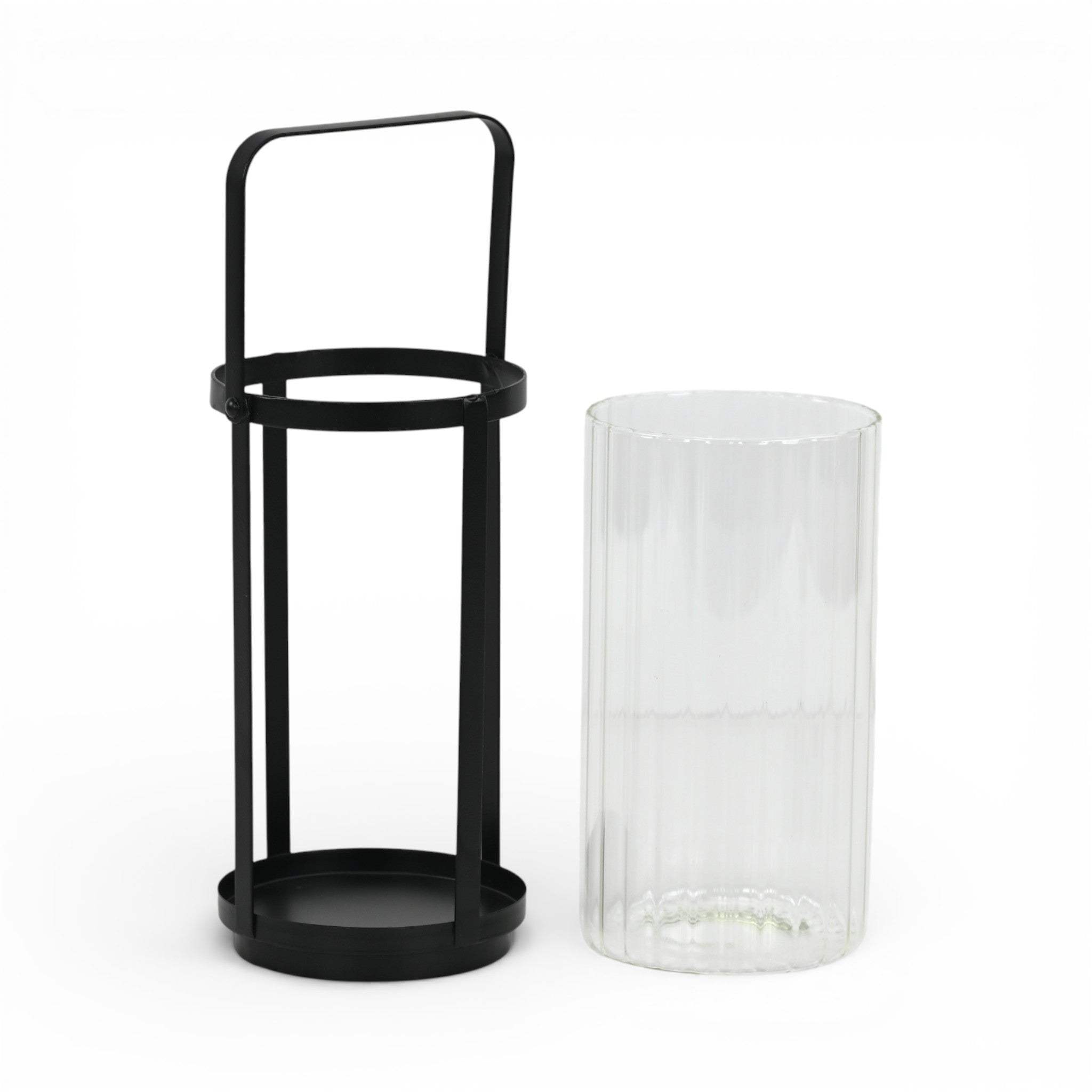 9" Clear And Black Glass And Metal Tabletop Lantern Candle Holder - HomeRoots - Flyclothing LLC