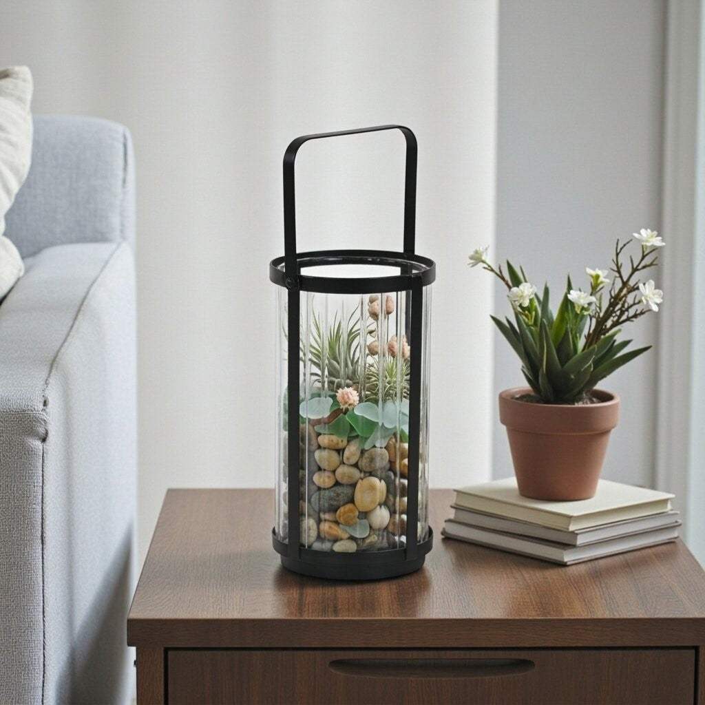 9" Clear And Black Glass And Metal Tabletop Lantern Candle Holder - HomeRoots - Flyclothing LLC