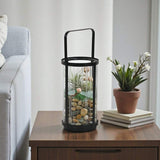 9" Clear And Black Glass And Metal Tabletop Lantern Candle Holder - HomeRoots - Flyclothing LLC