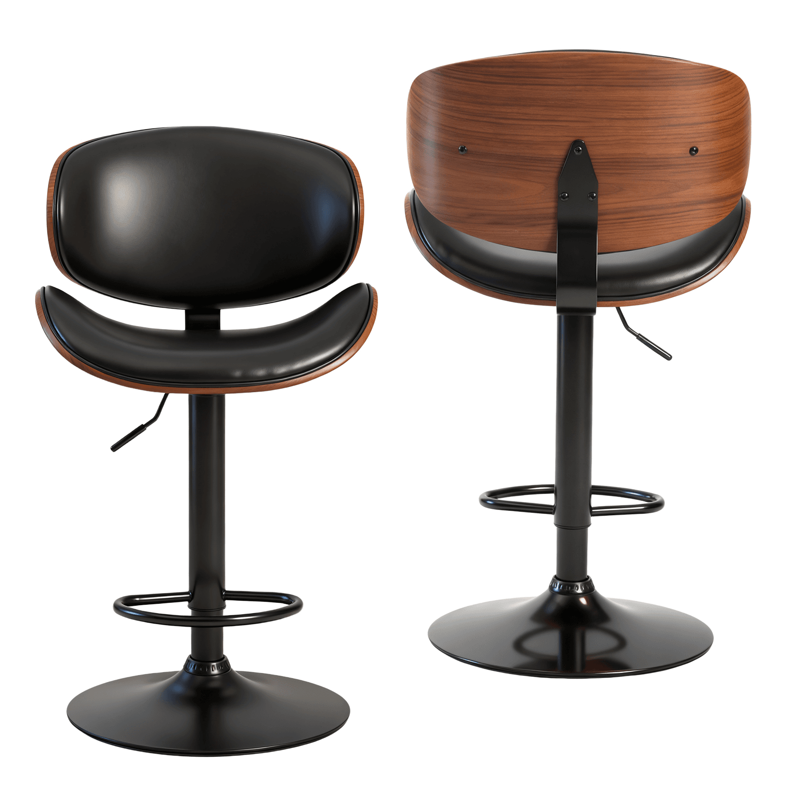 Set of Two Black and Brown Faux Leather Wood And Aluminum Adjustable Height Swivel Bar Chairs - HomeRoots - Flyclothing LLC