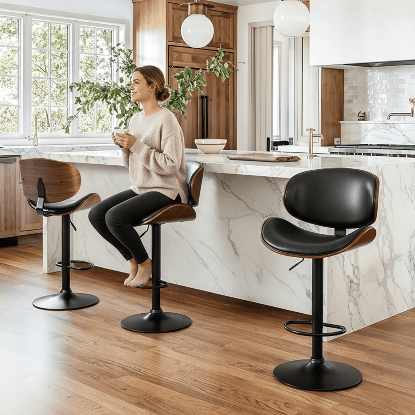 Set of Two Black and Brown Faux Leather Wood And Aluminum Adjustable Height Swivel Bar Chairs - HomeRoots - Flyclothing LLC