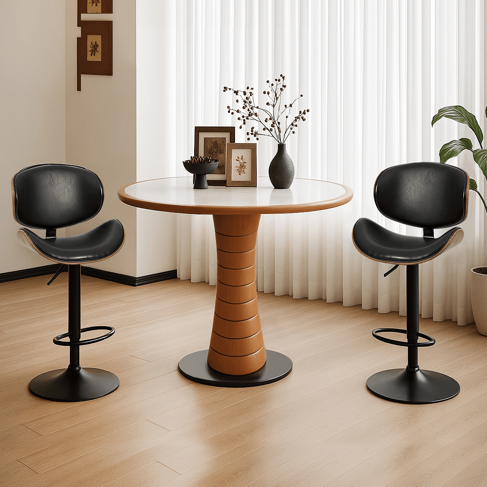 Set of Two Black and Brown Faux Leather Wood And Aluminum Adjustable Height Swivel Bar Chairs - HomeRoots - Flyclothing LLC