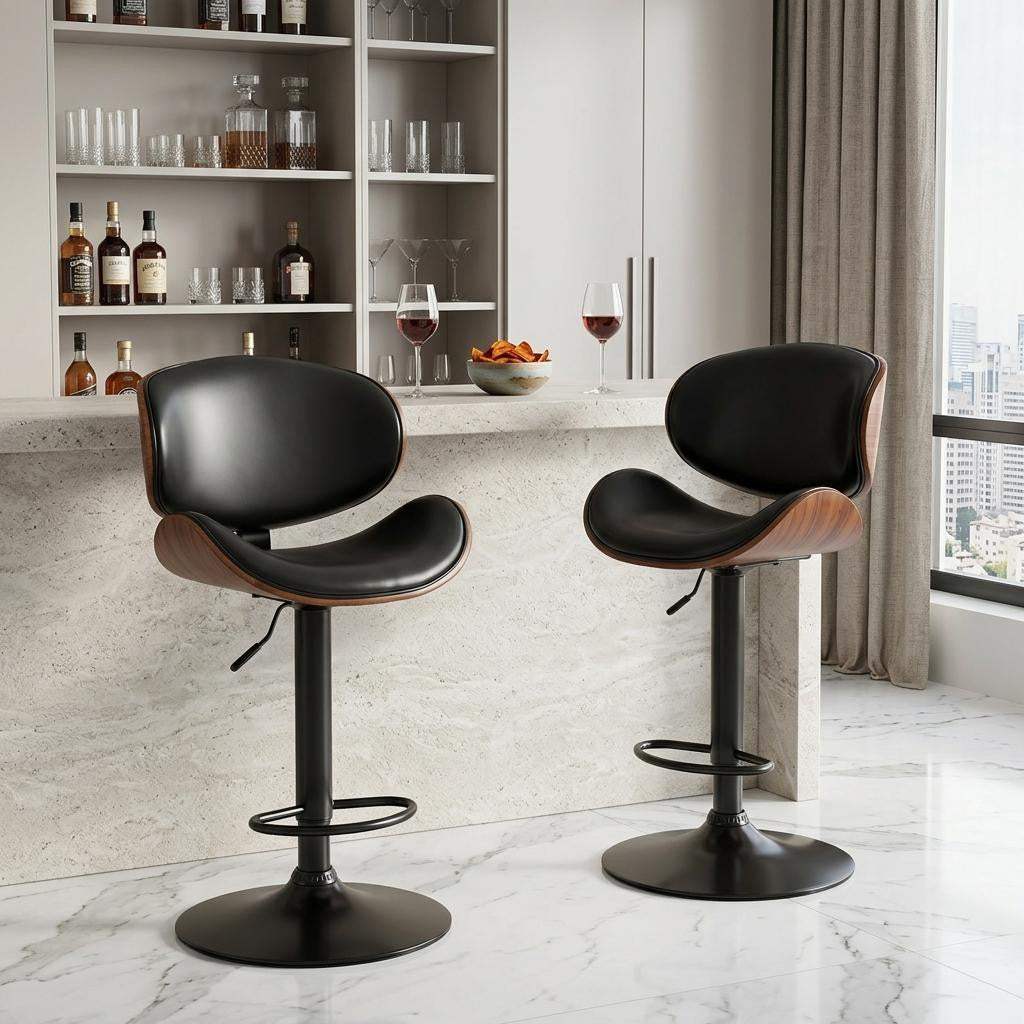 Set of Two Black and Brown Faux Leather Wood And Aluminum Adjustable Height Swivel Bar Chairs - HomeRoots - Flyclothing LLC