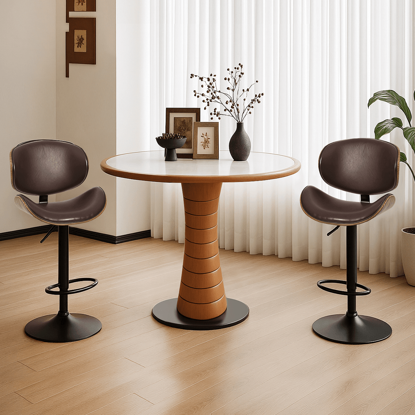 Set of Two Brown and Black Faux Leather Wood And Aluminum Adjustable Height Swivel Bar Chairs - HomeRoots - Flyclothing LLC