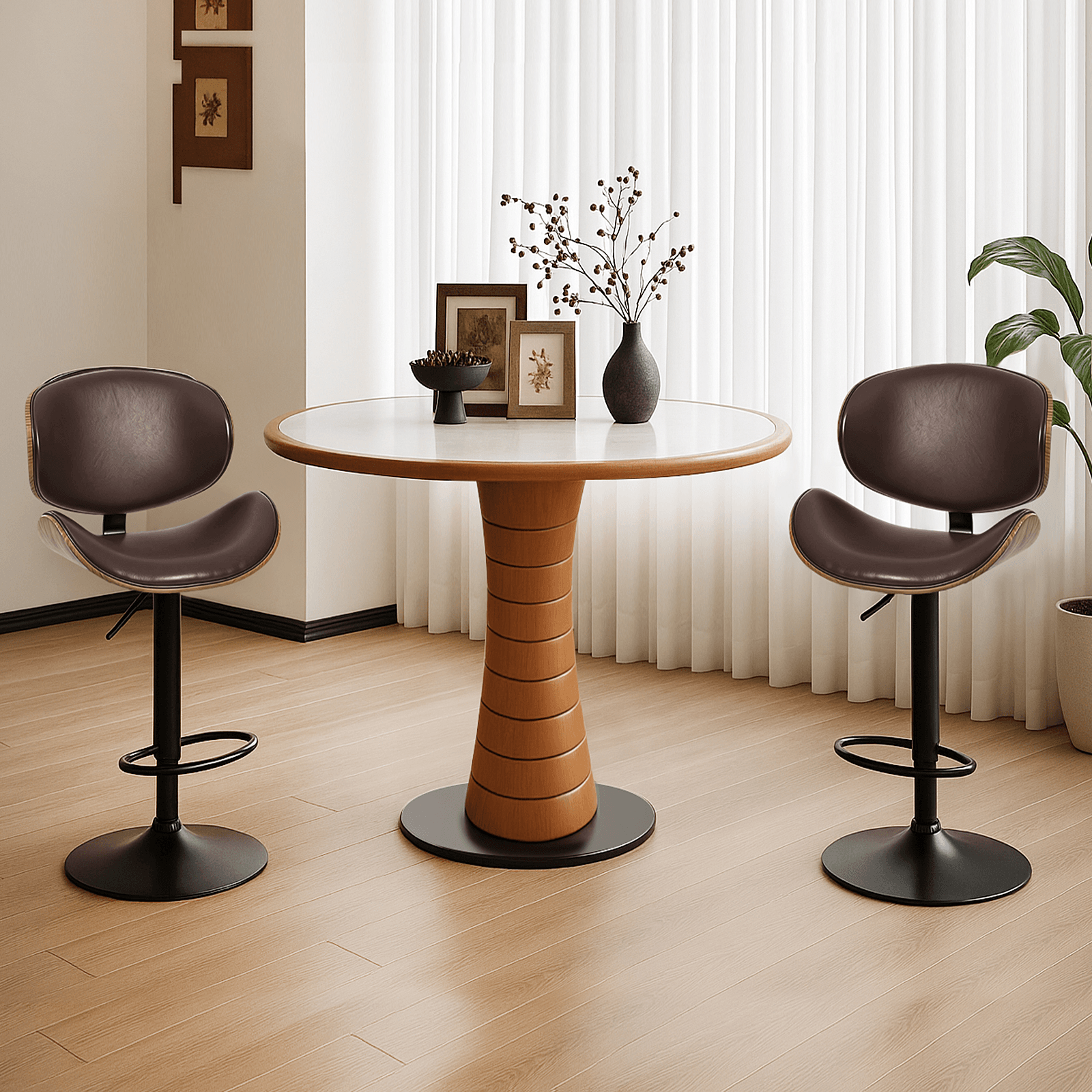 Set of Two Brown and Black Faux Leather Wood And Aluminum Adjustable Height Swivel Bar Chairs - HomeRoots - Flyclothing LLC
