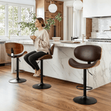 Set of Two Brown and Black Faux Leather Wood And Aluminum Adjustable Height Swivel Bar Chairs - HomeRoots - Flyclothing LLC