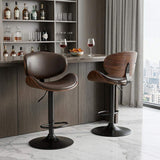 Set of Two Brown and Black Faux Leather Wood And Aluminum Adjustable Height Swivel Bar Chairs - HomeRoots - Flyclothing LLC