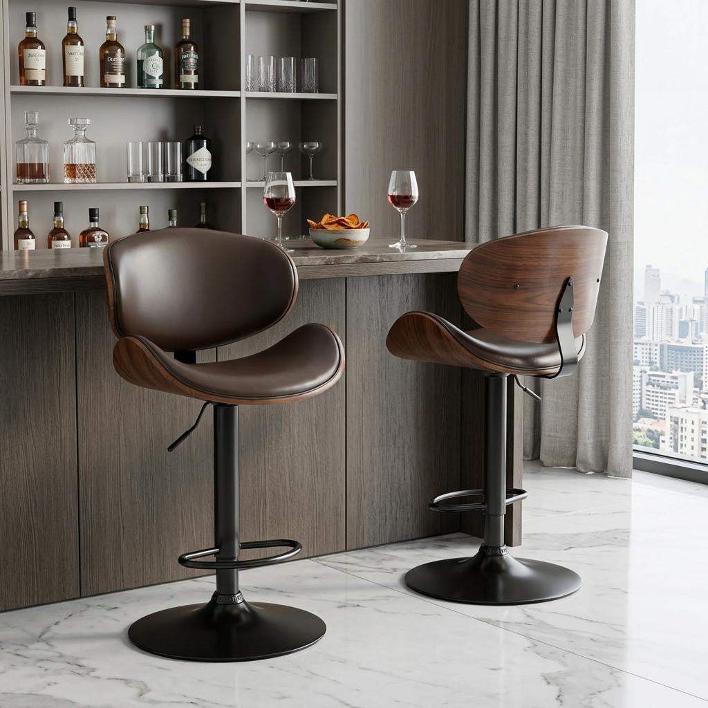 Set of Two Brown and Black Faux Leather Wood And Aluminum Adjustable Height Swivel Bar Chairs - HomeRoots - Flyclothing LLC