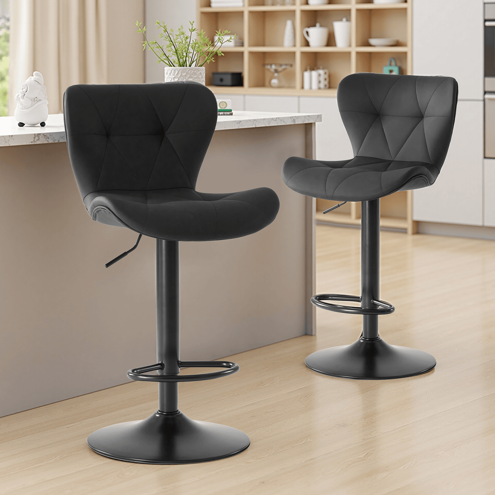 Set of Two Black Faux Leather and Aluminum Adjustable Height Swivel Bar Chairs - HomeRoots - Flyclothing LLC