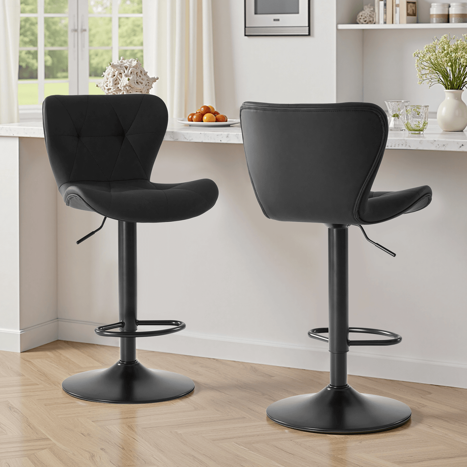 Set of Two Black Faux Leather and Aluminum Adjustable Height Swivel Bar Chairs - HomeRoots - Flyclothing LLC