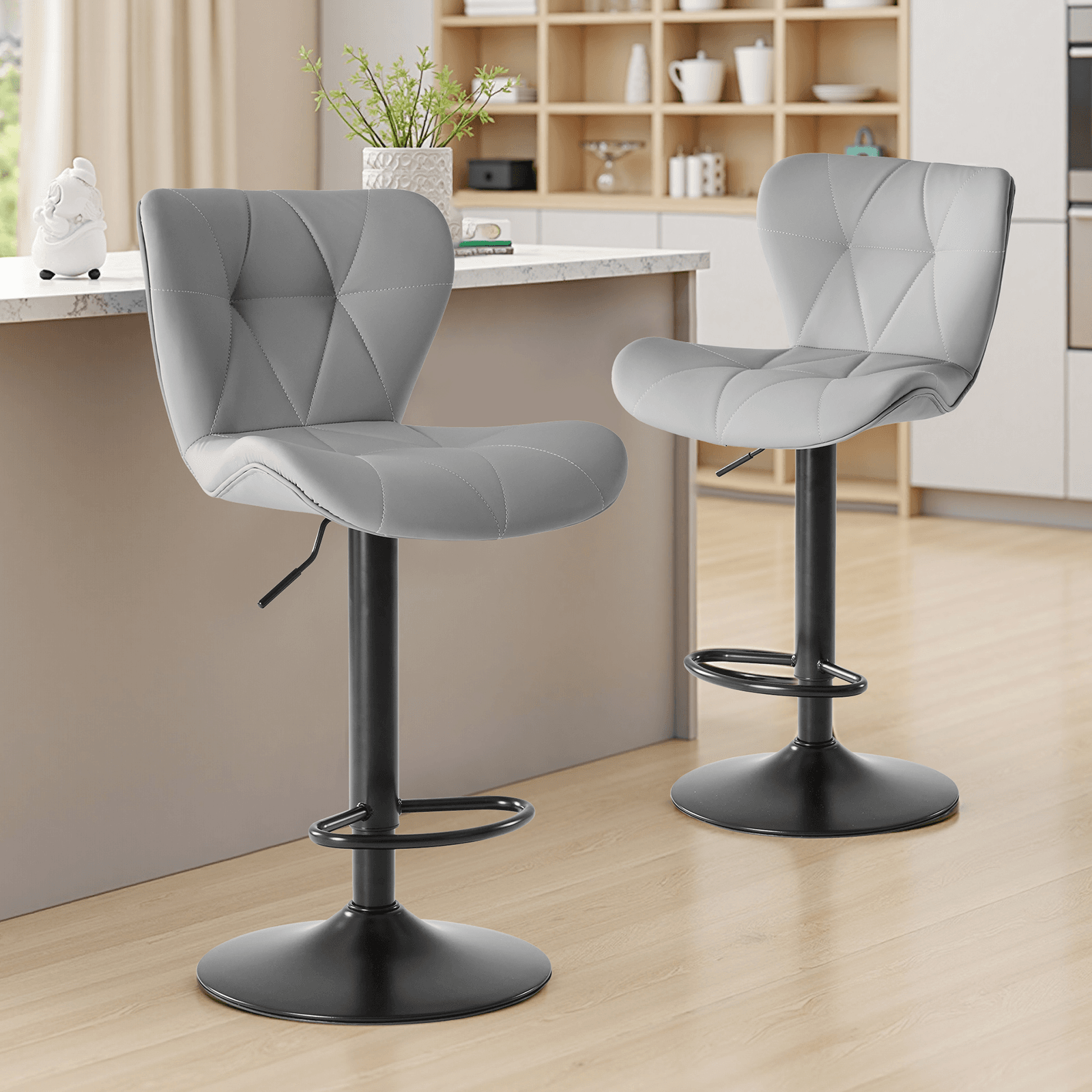 Set of Two Gray and Black Faux Leather and Aluminum Adjustable Height Swivel Bar Chairs - HomeRoots - Flyclothing LLC