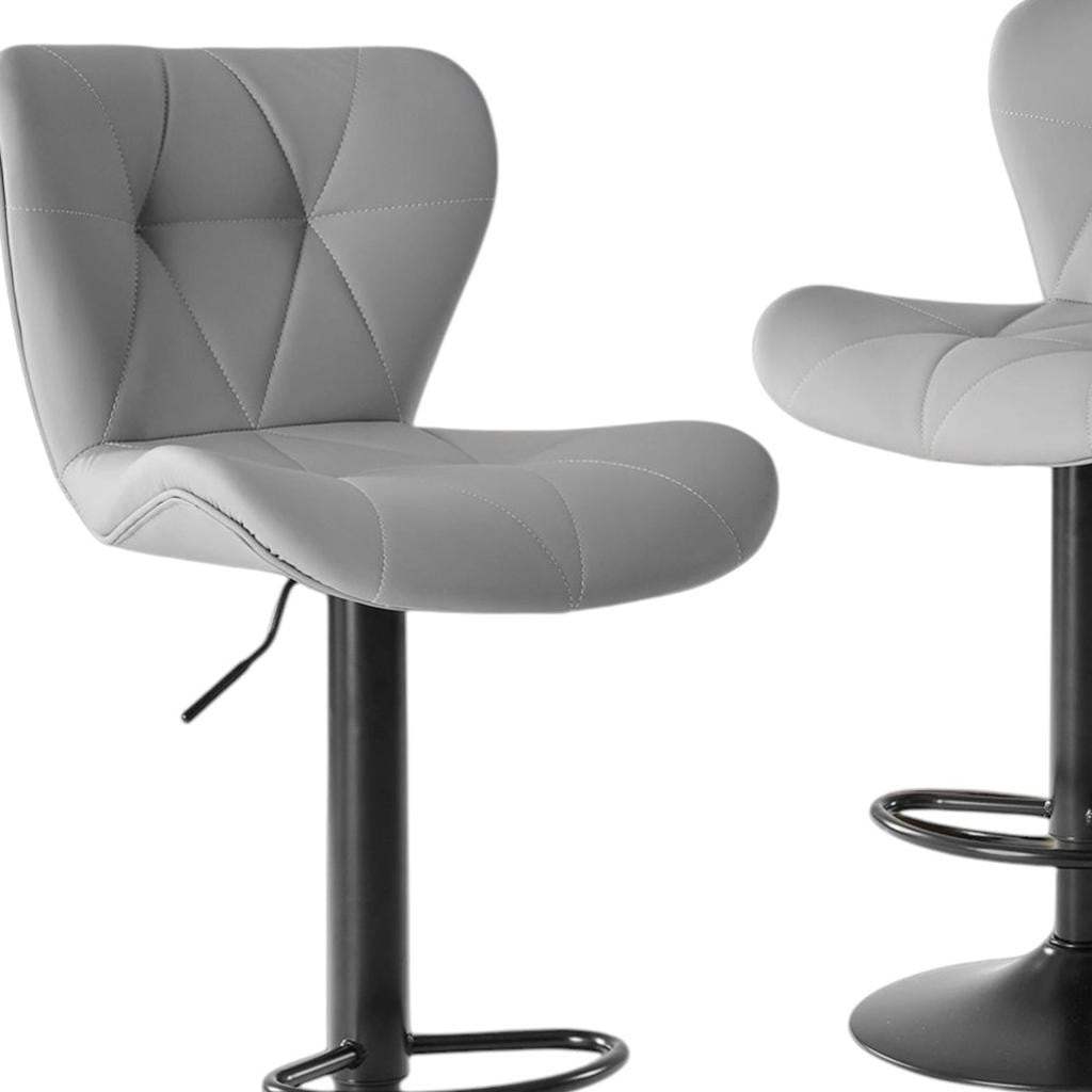 Set of Two Gray and Black Faux Leather and Aluminum Adjustable Height Swivel Bar Chairs - HomeRoots - Flyclothing LLC
