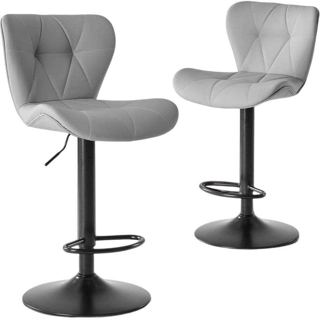 Set of Two Gray and Black Faux Leather and Aluminum Adjustable Height Swivel Bar Chairs - HomeRoots - Flyclothing LLC