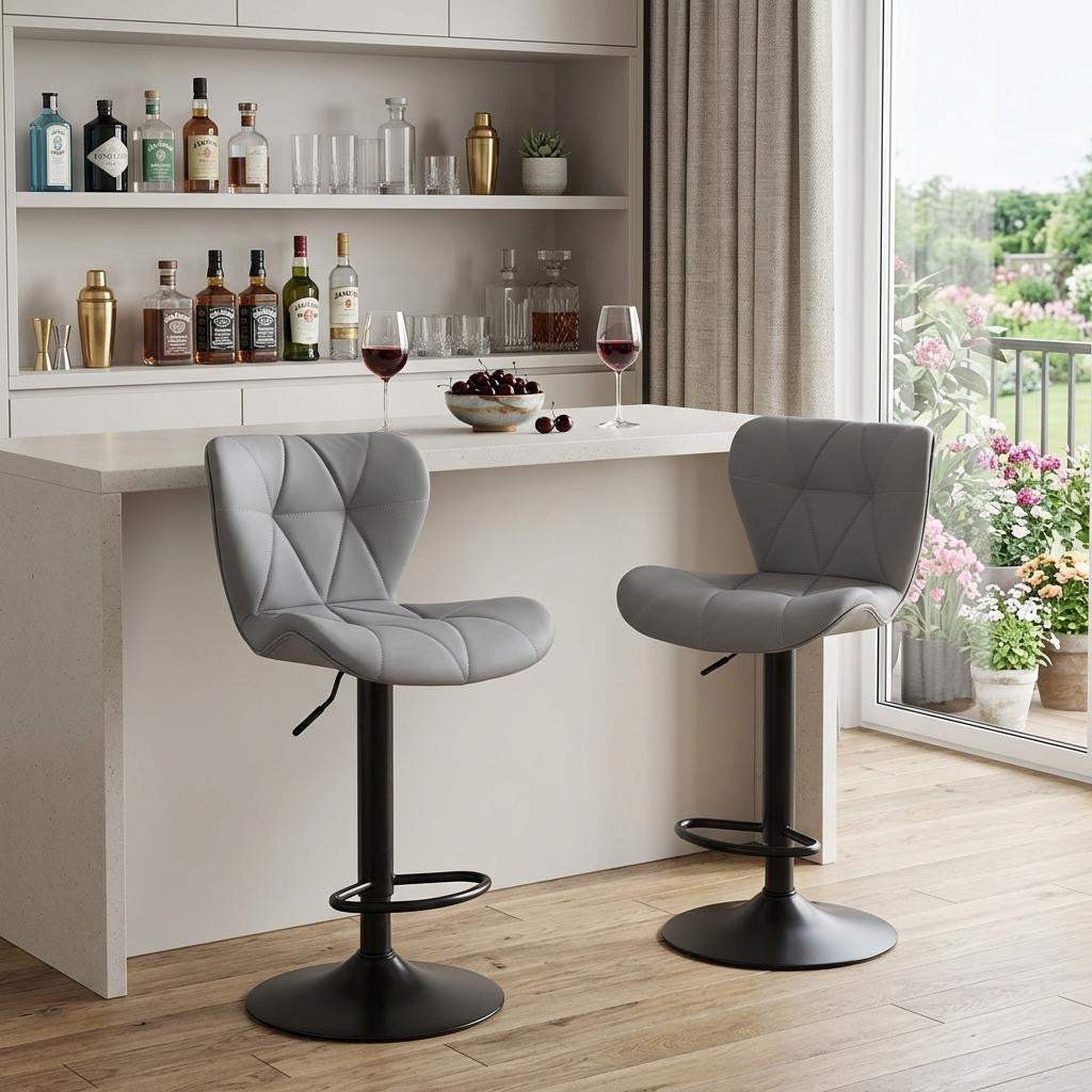 Set of Two Gray and Black Faux Leather and Aluminum Adjustable Height Swivel Bar Chairs - HomeRoots - Flyclothing LLC