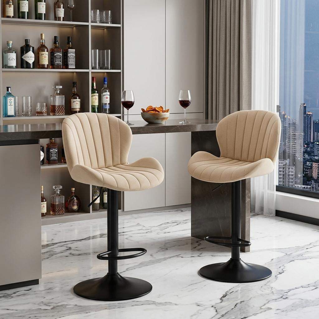 Set of Two Beige and Black Faux Leather and Aluminum Adjustable Height Swivel Bar Chairs - HomeRoots - Flyclothing LLC