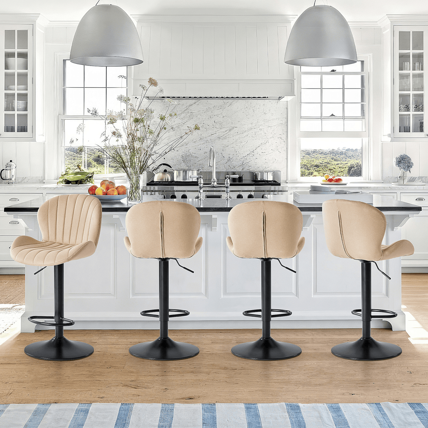 Set of Two Beige and Black Faux Leather and Aluminum Adjustable Height Swivel Bar Chairs - HomeRoots - Flyclothing LLC