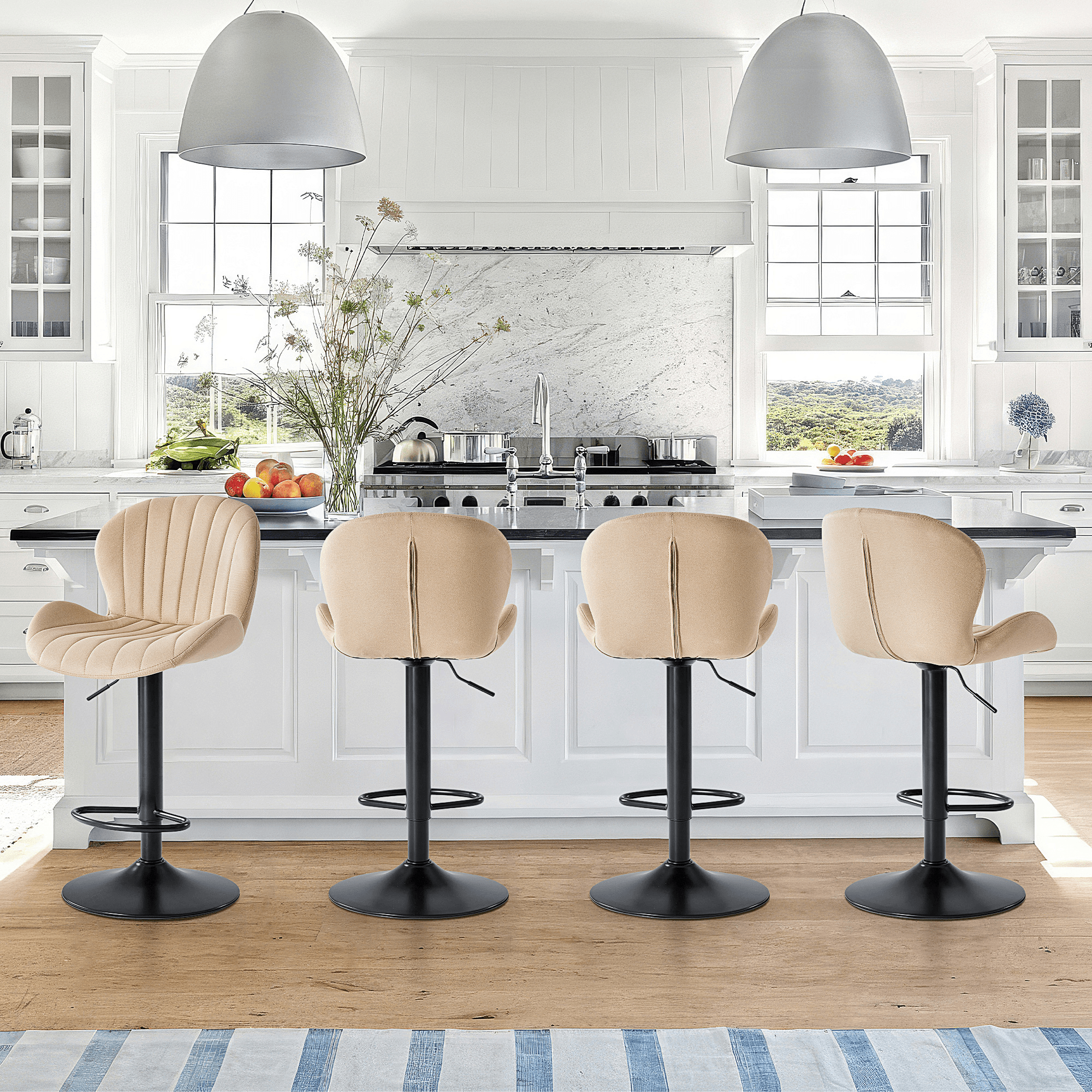 Set of Two Beige and Black Faux Leather and Aluminum Adjustable Height Swivel Bar Chairs - HomeRoots - Flyclothing LLC