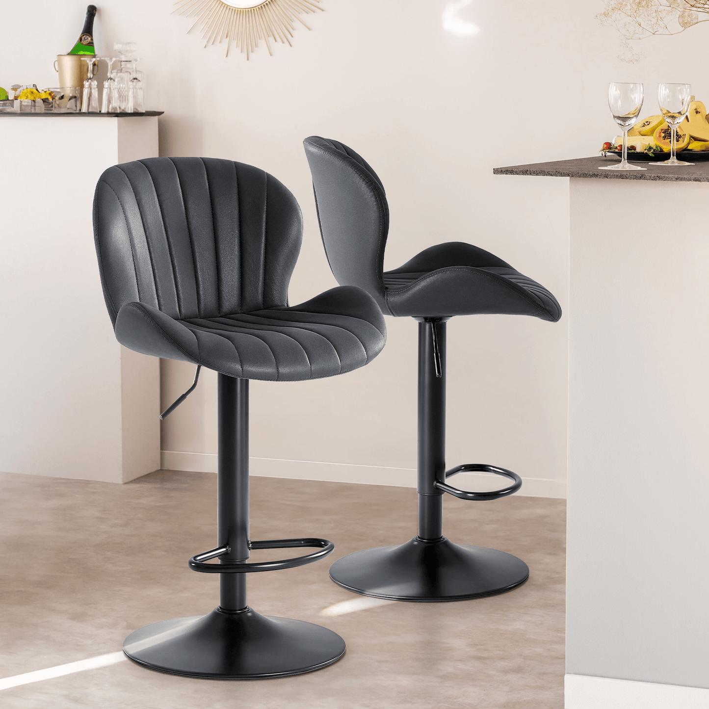 Set of Two Black Faux Leather and Aluminum Adjustable Height Swivel Bar Chairs - HomeRoots - Flyclothing LLC