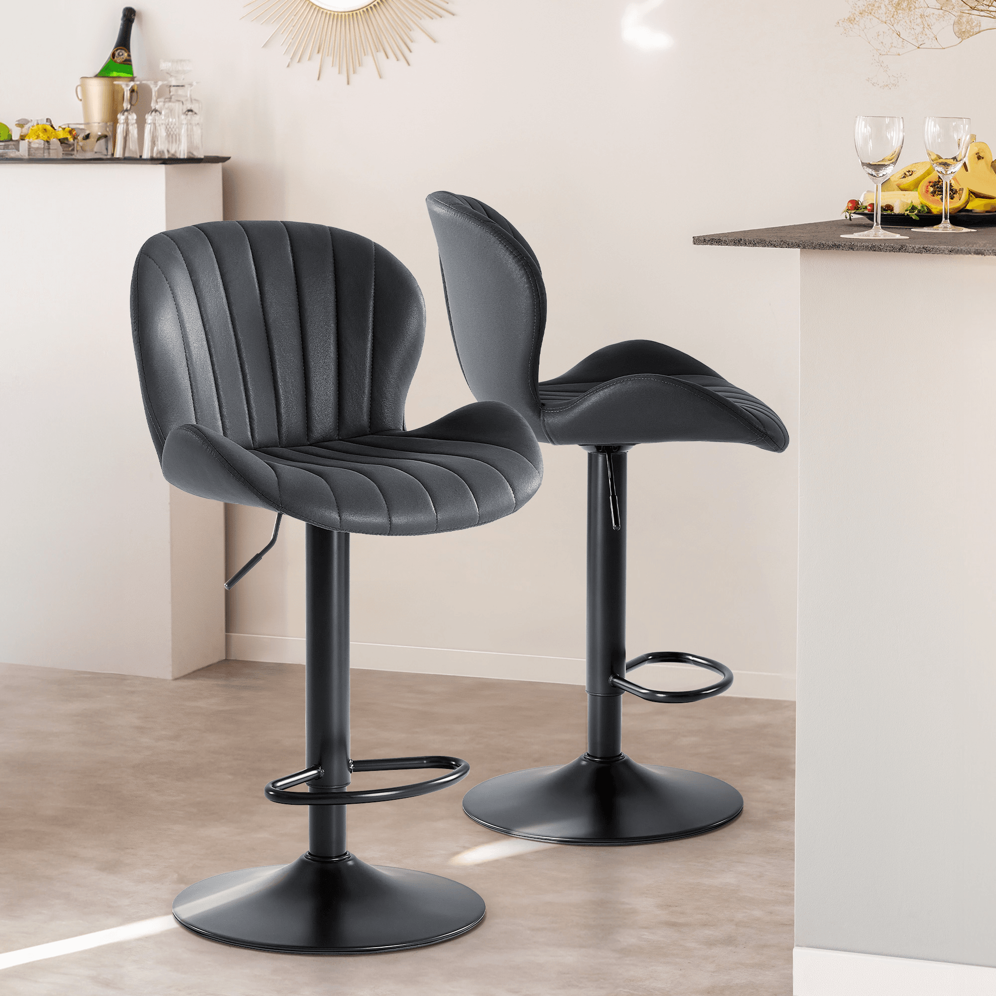 Set of Two Black Faux Leather and Aluminum Adjustable Height Swivel Bar Chairs - HomeRoots - Flyclothing LLC