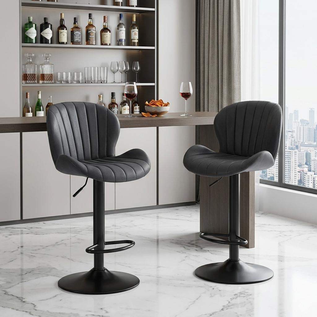 Set of Two Black Faux Leather and Aluminum Adjustable Height Swivel Bar Chairs - HomeRoots - Flyclothing LLC