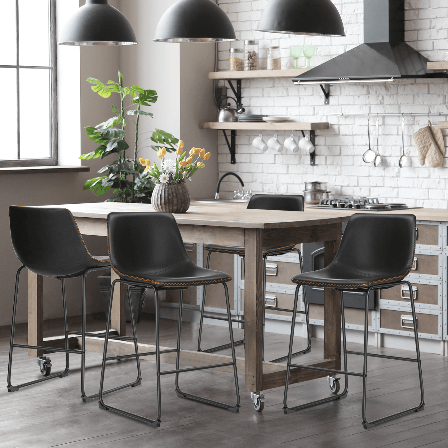 Set of Two 26" Black Faux Leather and Aluminum Counter Height Bar Chairs - HomeRoots - Flyclothing LLC