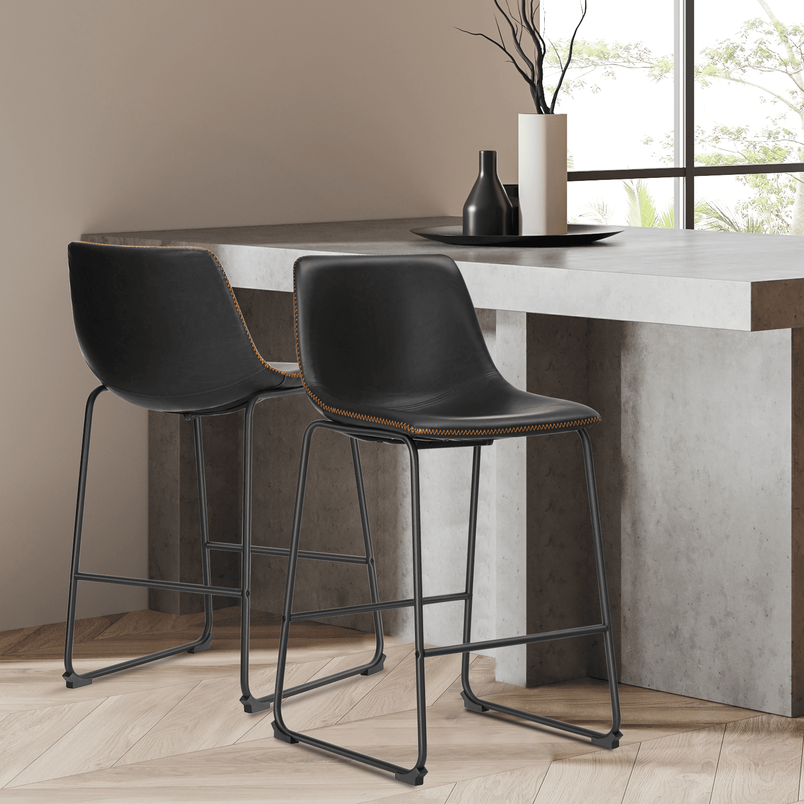 Set of Two 26" Black Faux Leather and Aluminum Counter Height Bar Chairs - HomeRoots - Flyclothing LLC