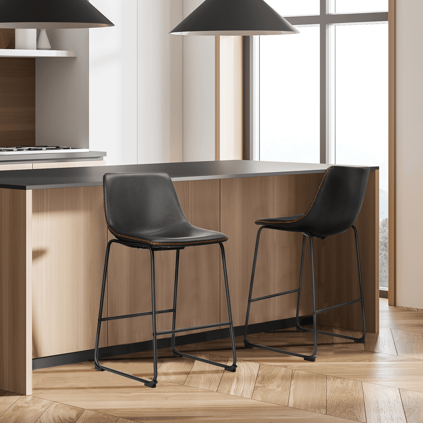Set of Two 26" Black Faux Leather and Aluminum Counter Height Bar Chairs - HomeRoots - Flyclothing LLC