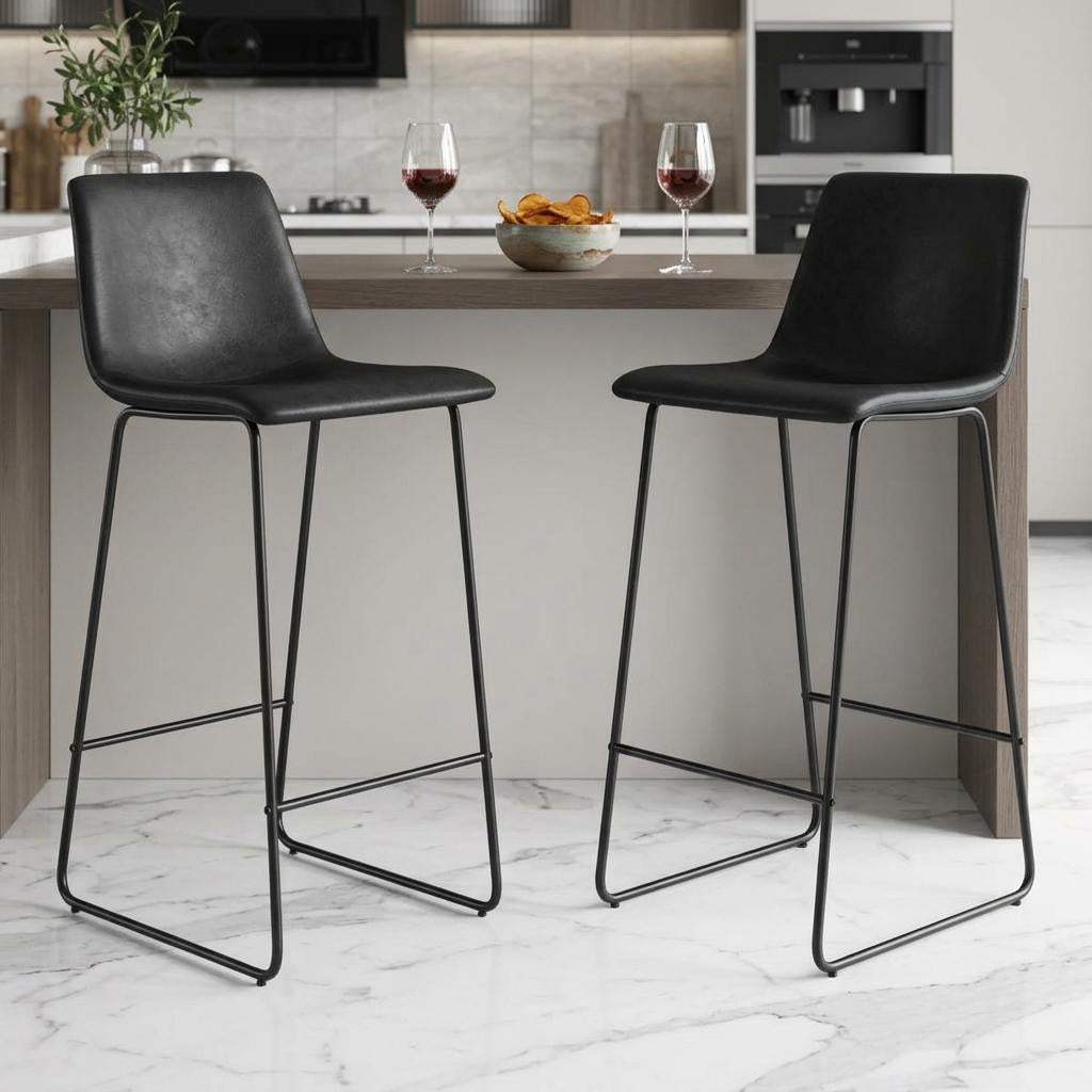 Set of Two 26" Black Faux Leather and Aluminum Counter Height Bar Chairs - HomeRoots - Flyclothing LLC