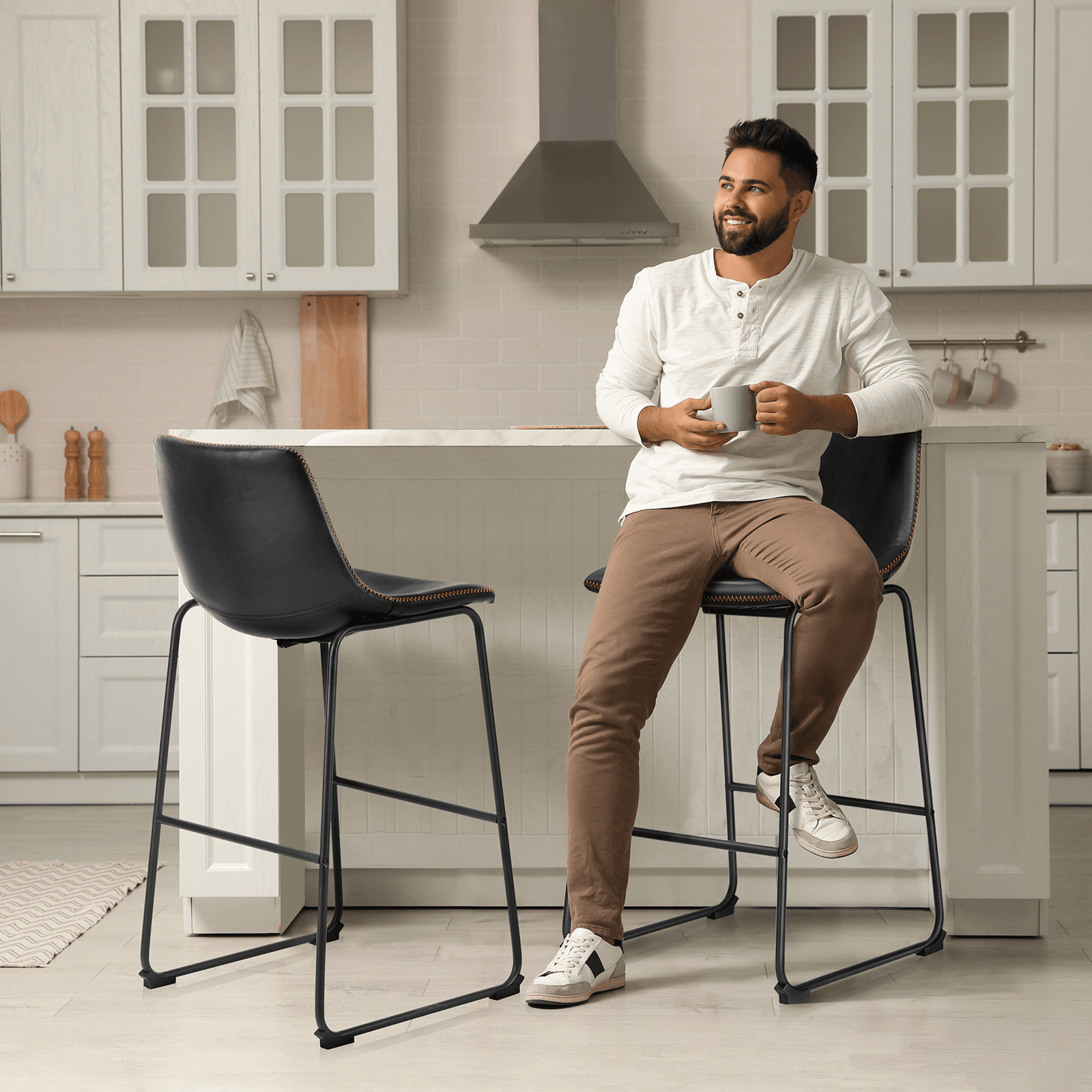 Set of Two 29" Black Faux Leather and Aluminum Bar Height Bar Chairs - HomeRoots - Flyclothing LLC