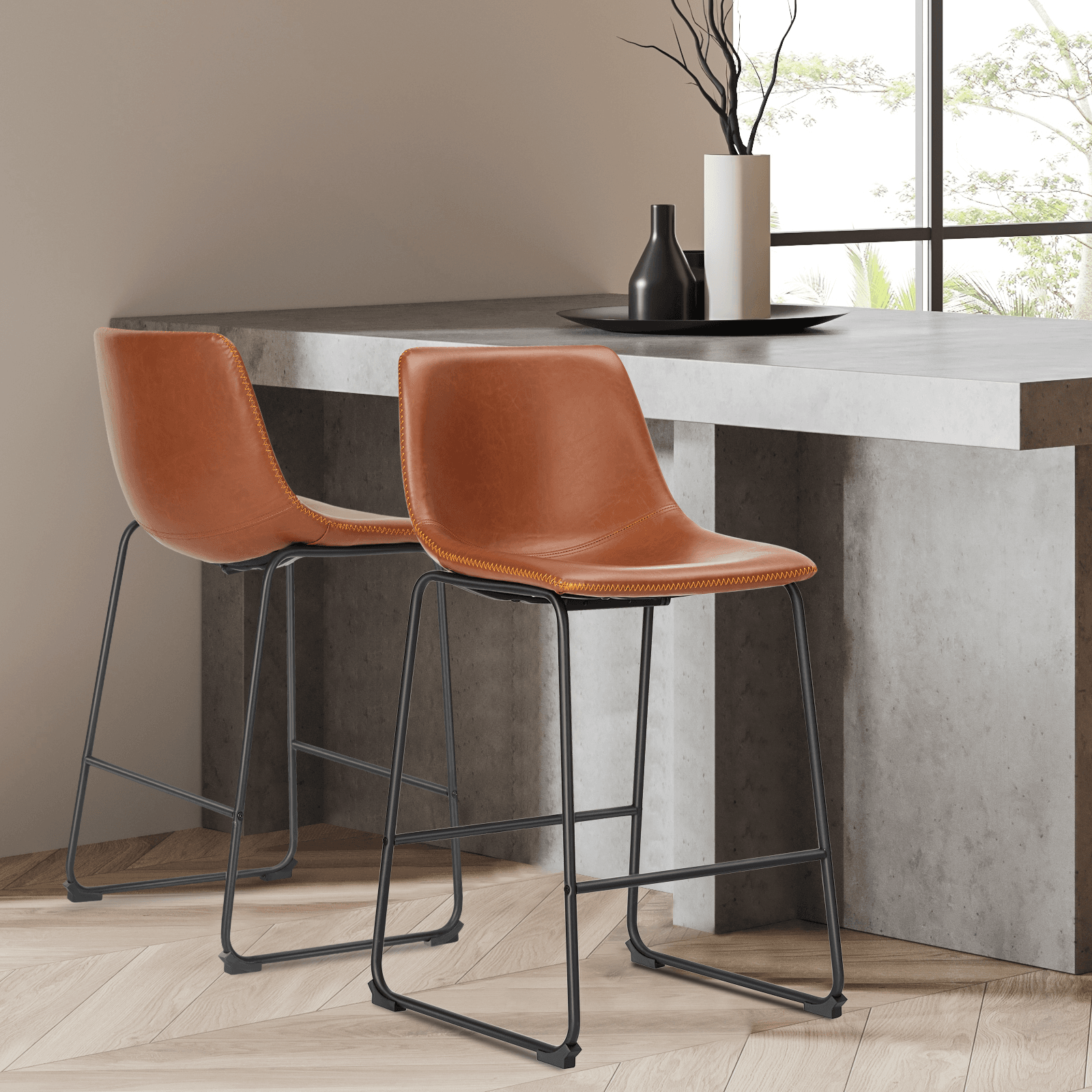 Set of Two 26" Brown and Black Faux Leather and Aluminum Counter Height Bar Chairs - HomeRoots - Flyclothing LLC