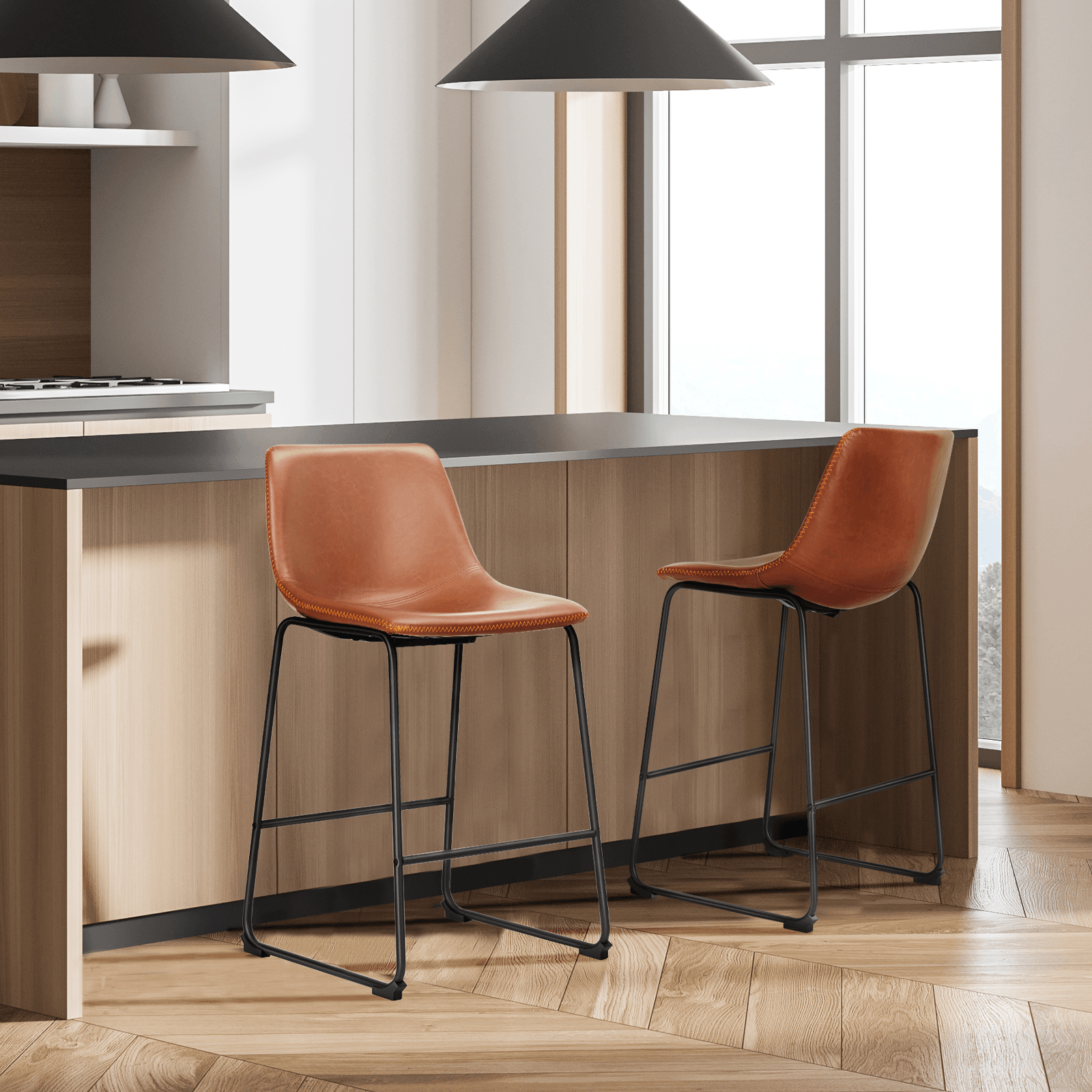 Set of Two 26" Brown and Black Faux Leather and Aluminum Counter Height Bar Chairs - HomeRoots - Flyclothing LLC