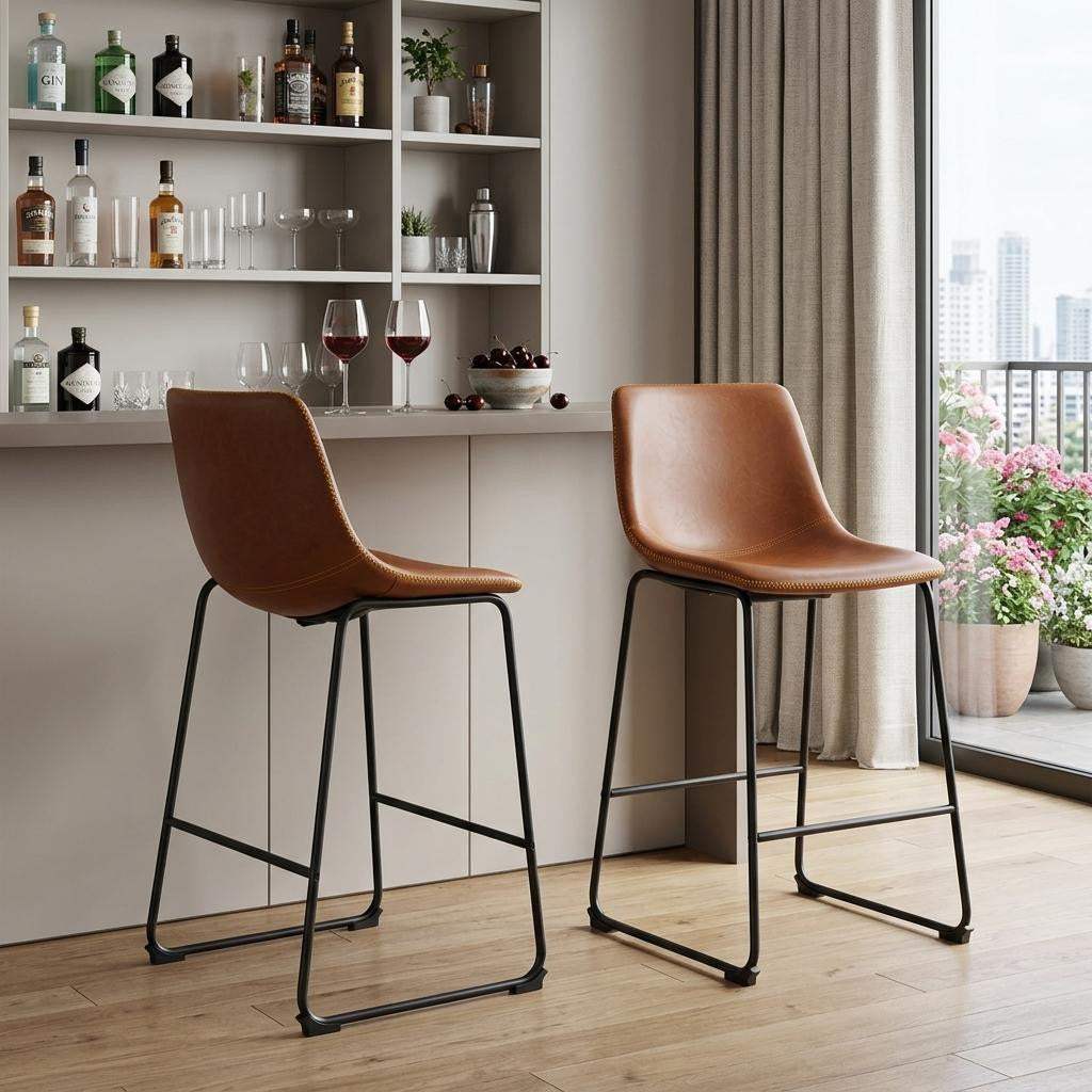 Set of Two 29" Brown and Black Faux Leather and Aluminum Bar Height Bar Chairs - HomeRoots - Flyclothing LLC