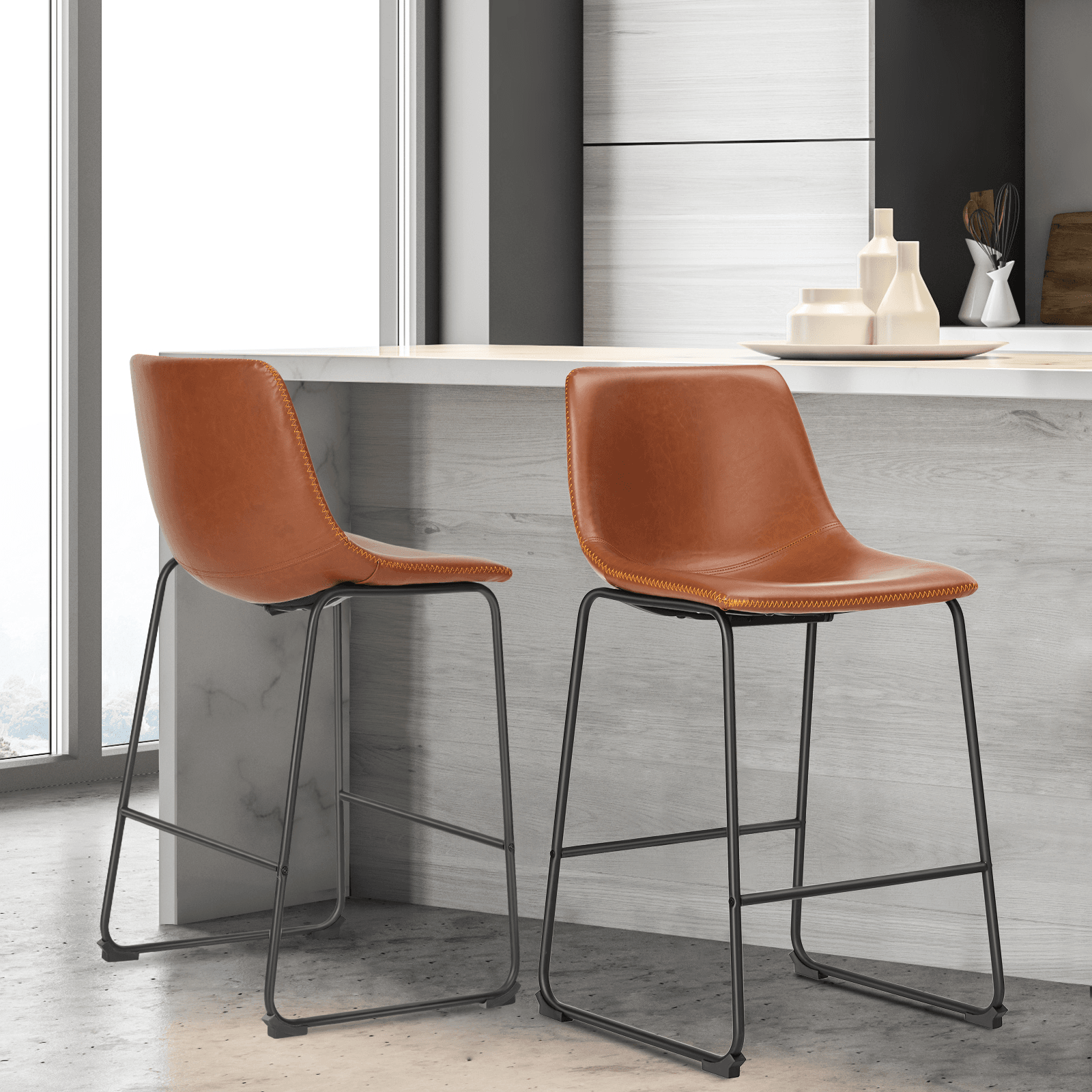 Set of Two 29" Brown and Black Faux Leather and Aluminum Bar Height Bar Chairs - HomeRoots - Flyclothing LLC