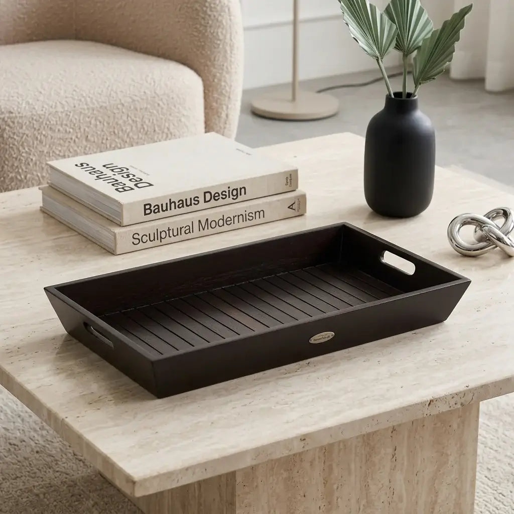 26" Black Solid Wood Handmade Serving Tray With Handles - Homeroots - Flyclothing LLC