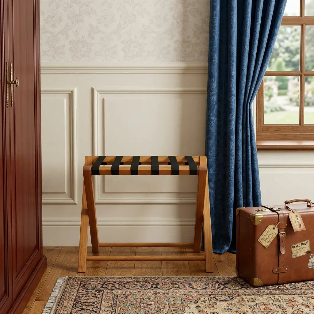 Natural Solid Wood Folding Luggage Rack With Black Straps - Homeroots - Flyclothing LLC