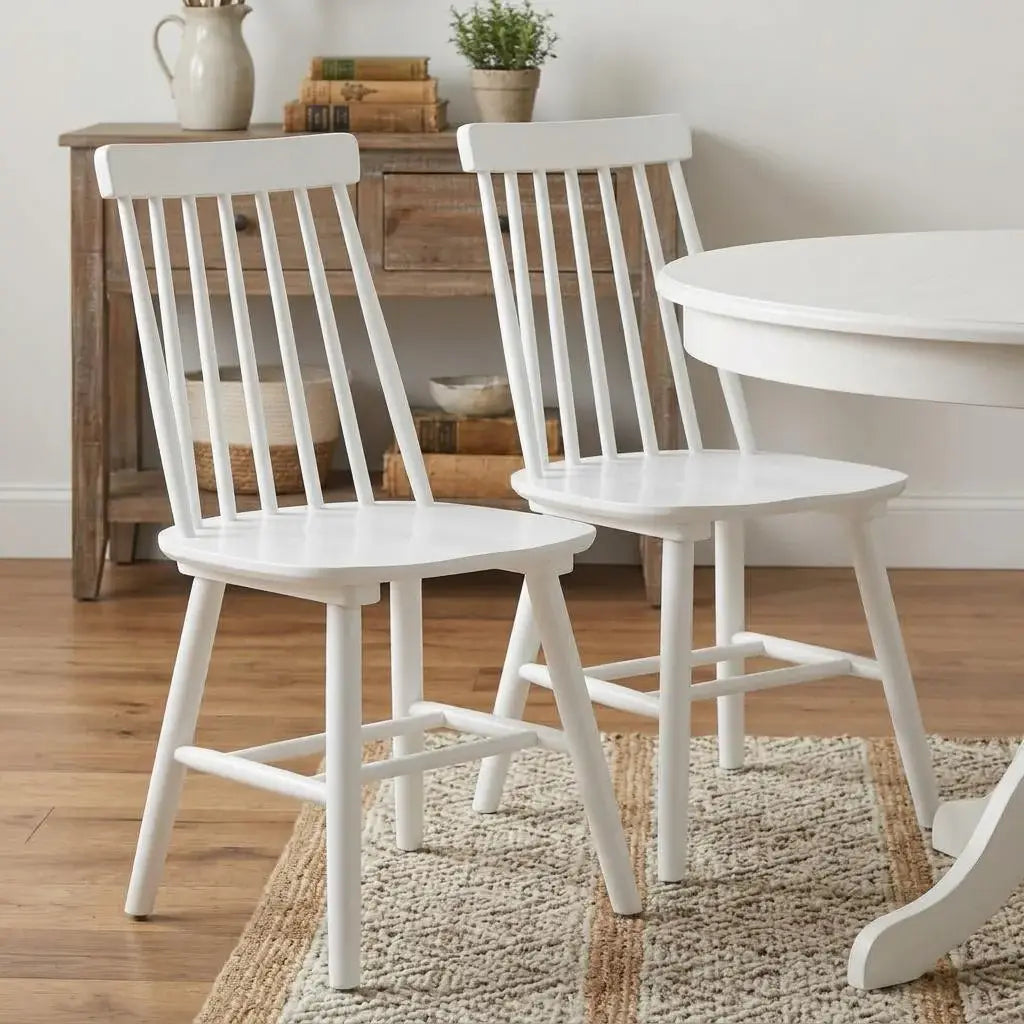 Set of Two White Solid Wood Windsor Back Dining Side Chairs - Homeroots - Flyclothing LLC